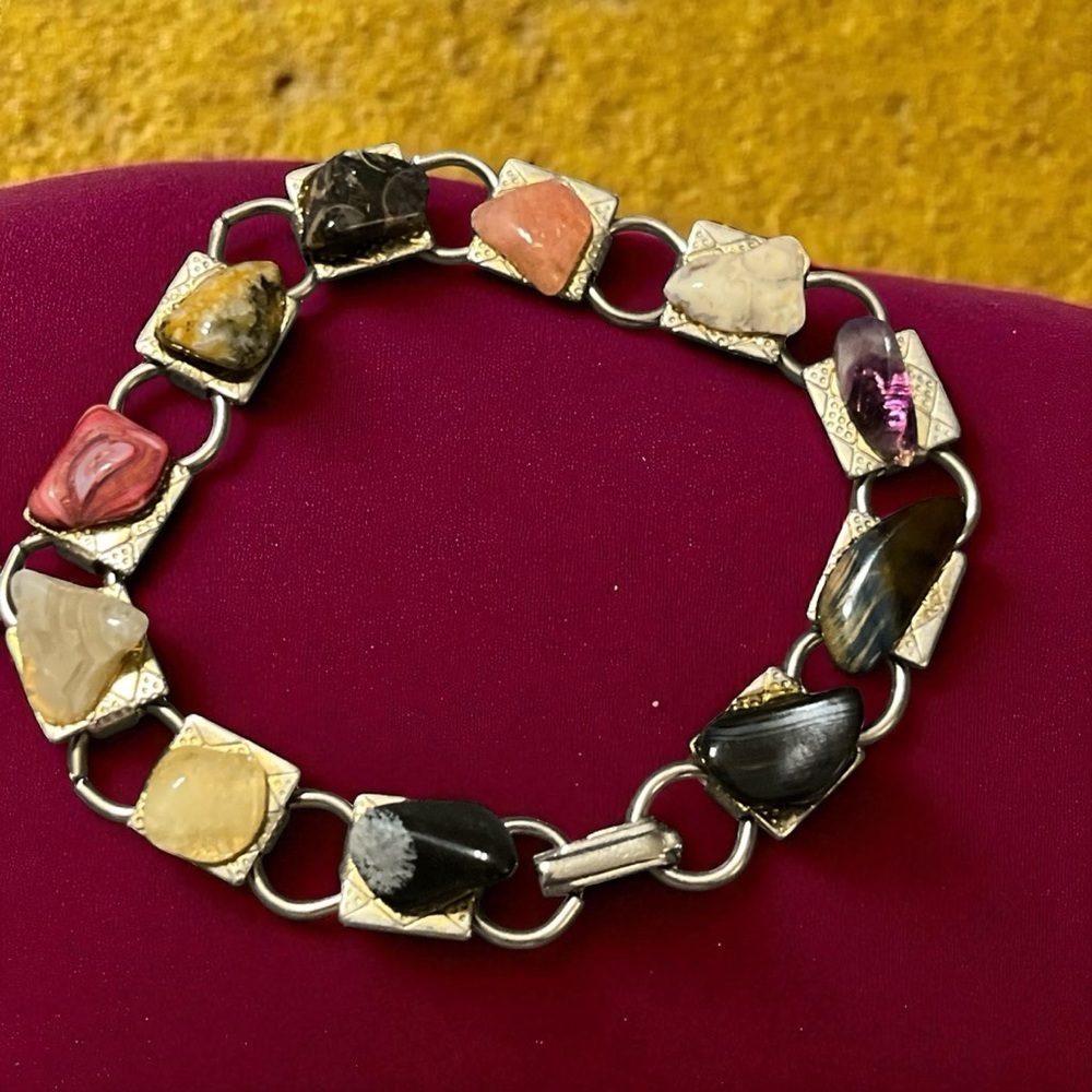 Vintage Silver Scottish Pebble Nuggets Quartz Tigers Eye 7" Link Bracelet